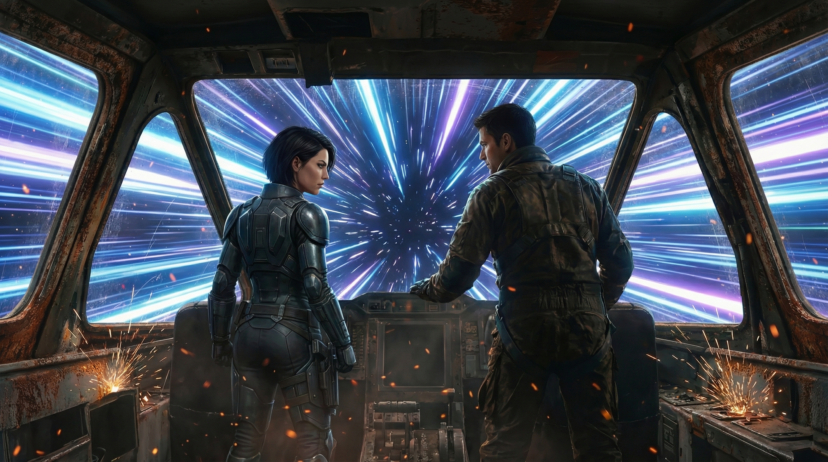 Concept art of the smuggler and mandalorian on the bridge of the Cinder Drifter as it enters hyperspace.