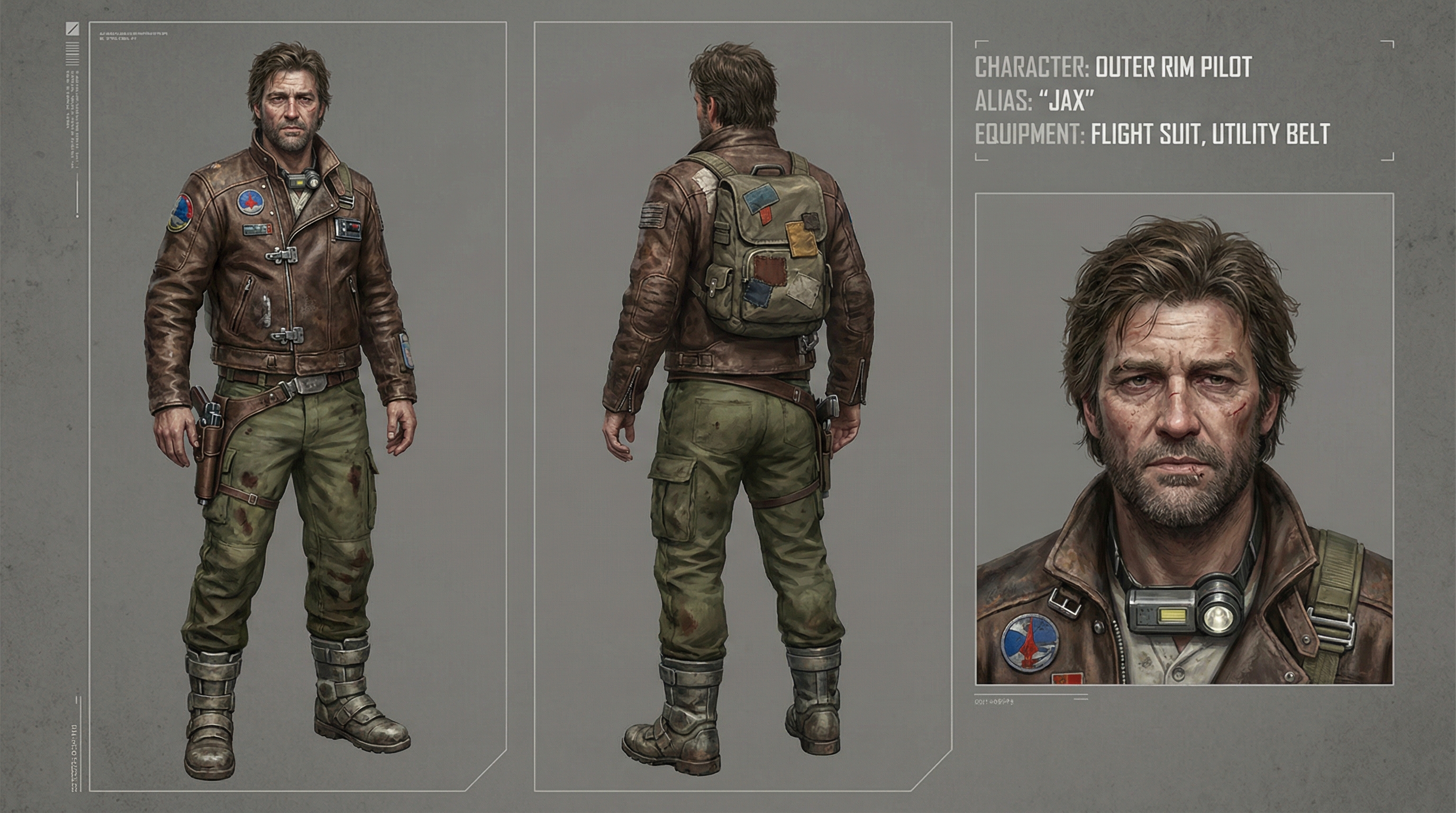 Concept art of the smuggler, showcasing his rugged and worn look that reflects years of life on the edge in the Outer Rim.