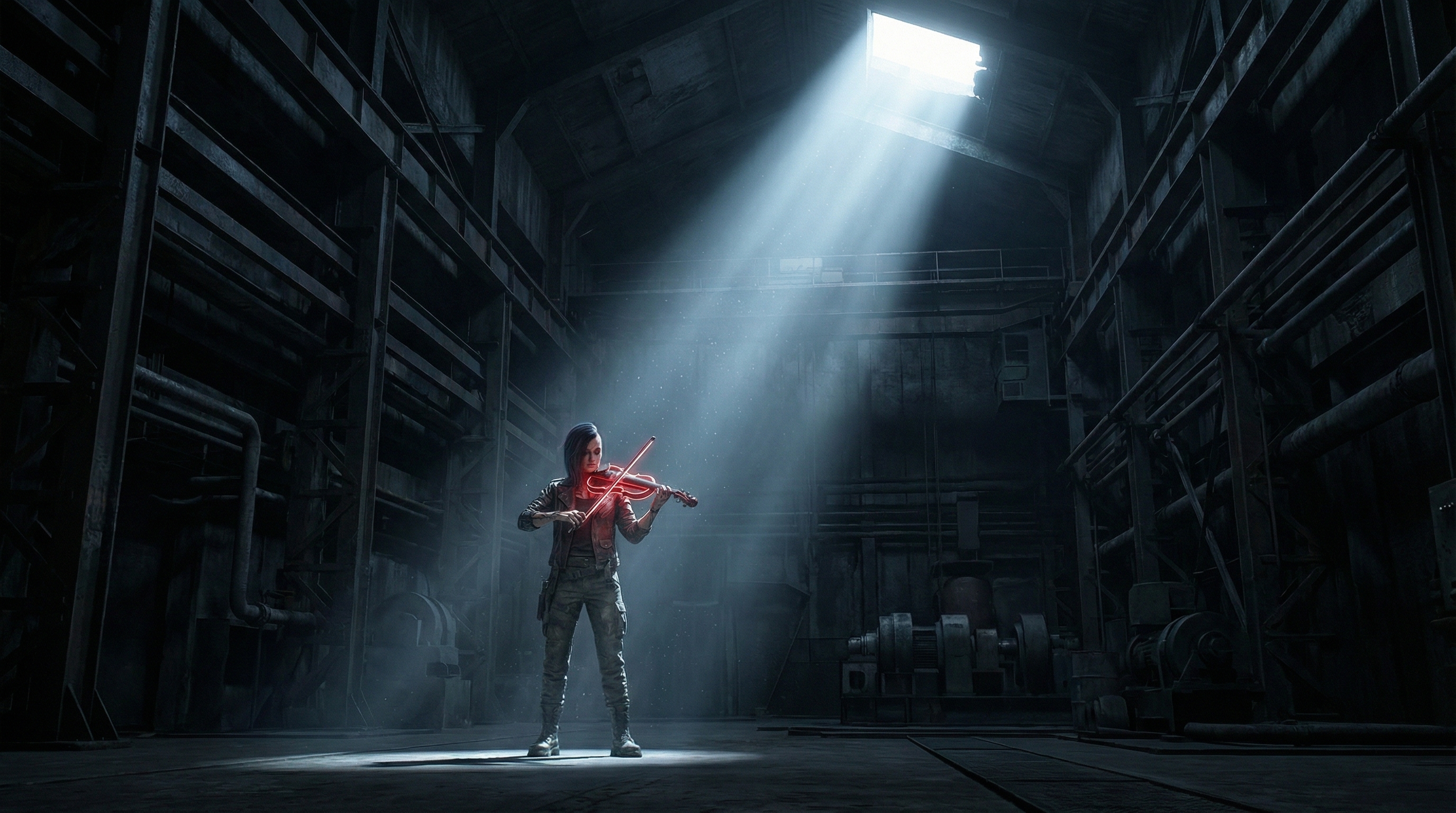 Concept art of Kyra Vane in an abandoned power distribution node.