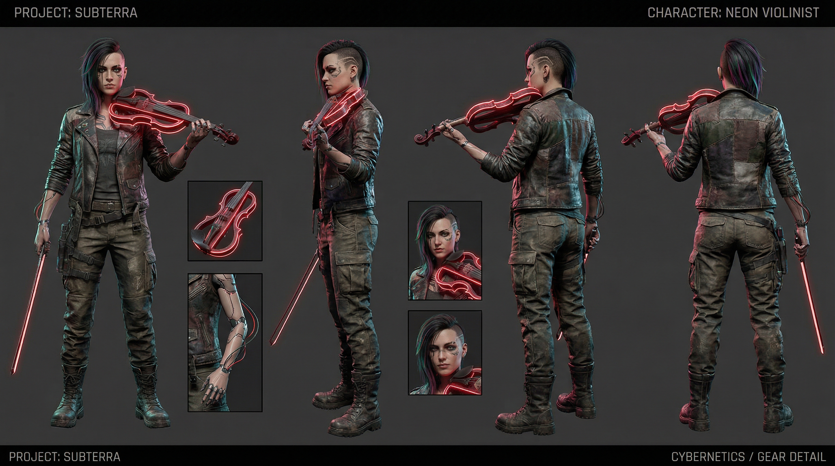 Concept art of Kyra Vane, showcasing her cybernetic enhancements and streetwise aesthetic as a Coruscant slicer.