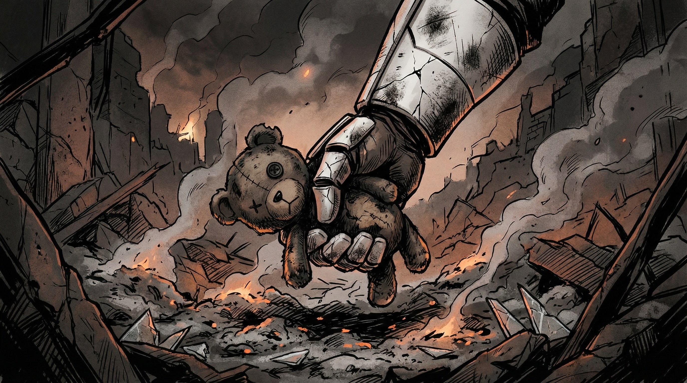 A sensory telemetry snapshot from Sector 4 ruins. A gloved Imperial hand retrieves a primitive organic-fabric toy from the debris. This visual serves as a high-priority data point regarding the emotional collateral of "freedom fighter" high-yield explosives in high-density urban zones.
