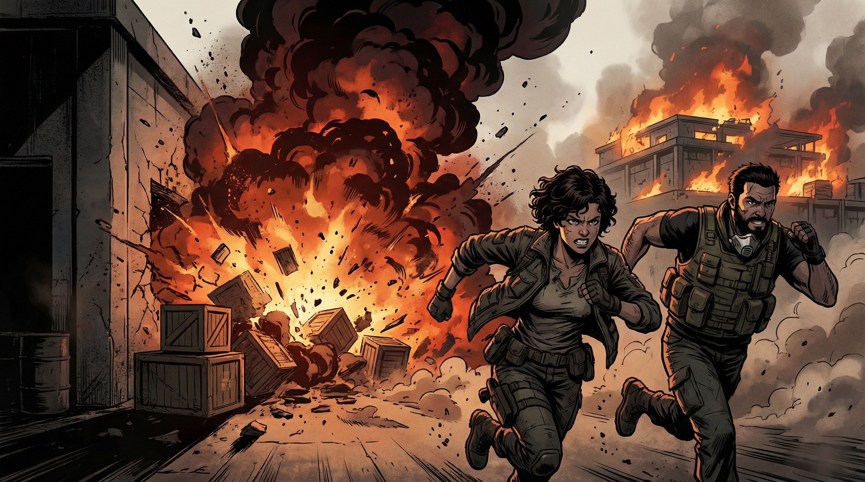 External logistics hub sensor log. Rebel combatants are captured retreating from a massive fuel-cell explosion. The data confirms high collateral damage to surrounding residential structures, correlating with the lyrical theme of "bombings and fires" described in the audio logs.