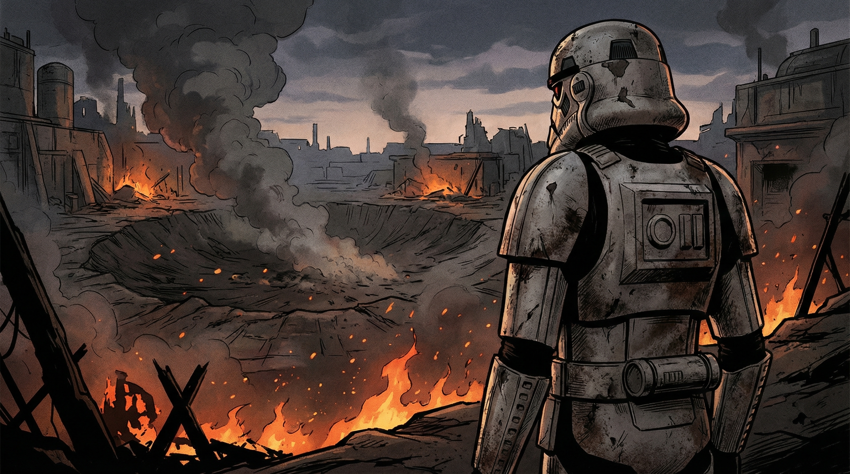 External surveillance log from a neutralized supply depot. An individual trooper is recorded observing a massive blast crater—the result of a rebel cell detonation. The data captures the sheer scale of the "fire and glass" left behind by insurgent activity. This visual provides the geographic context for the "broken pieces of a bleeding land" mentioned in the restoration notes.