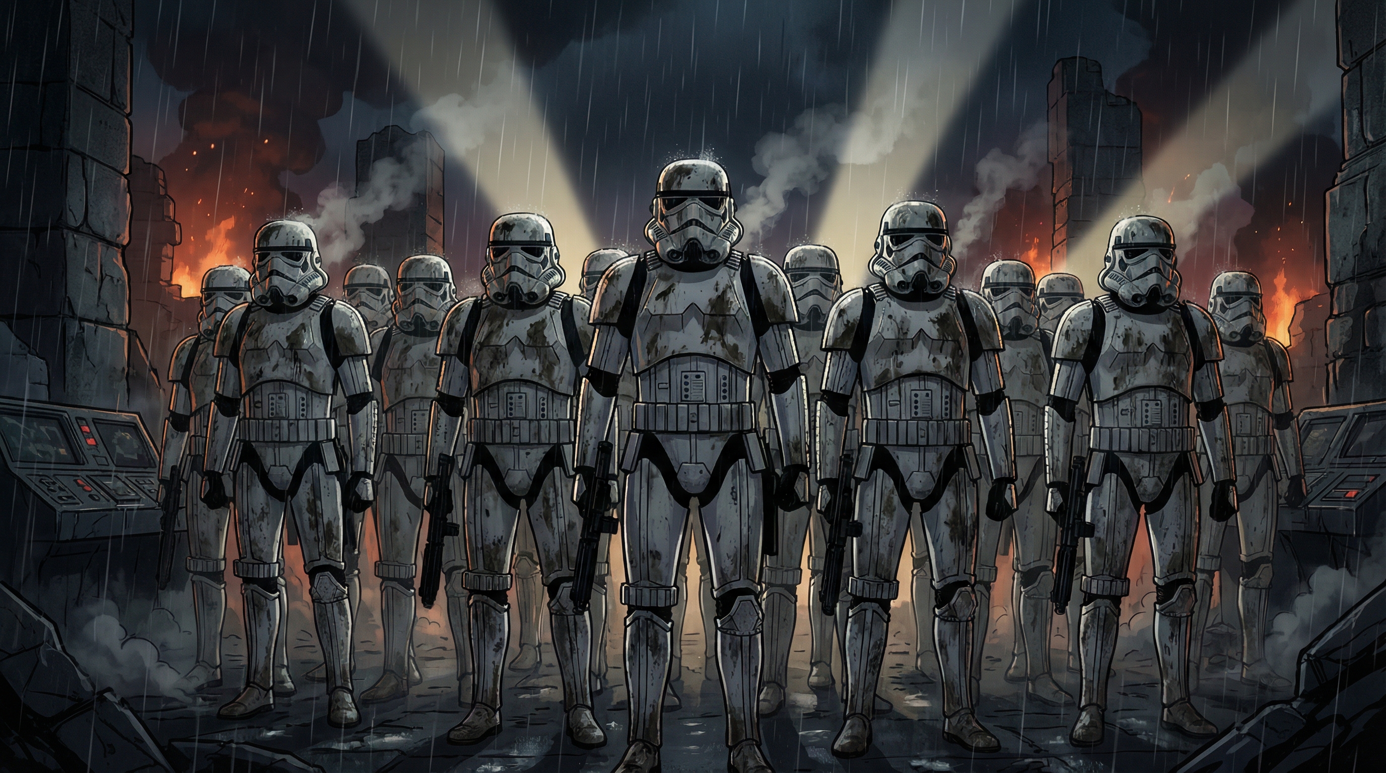 Formation telemetry during a planetary monsoon cycle. A full platoon stands in total silence, rain-slicked armor reflecting the harsh beam-lights of the transport. This visual represents the "Shield in the Dark"—the unwavering Imperial presence maintained regardless of environmental or psychological stressors.