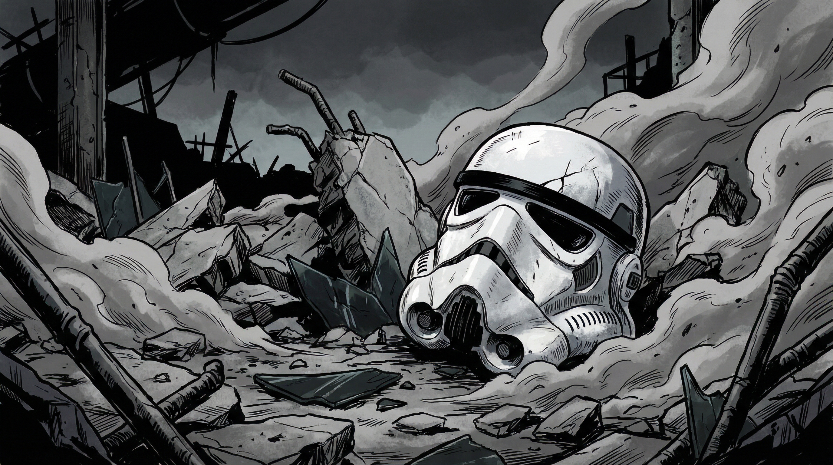 Post-engagement surveillance. An abandoned MK-IV helmet rests in a field of glass and cooling embers. The absence of a physical remains scan suggests either a successful medical extraction or a complete thermal disintegration of the occupant.