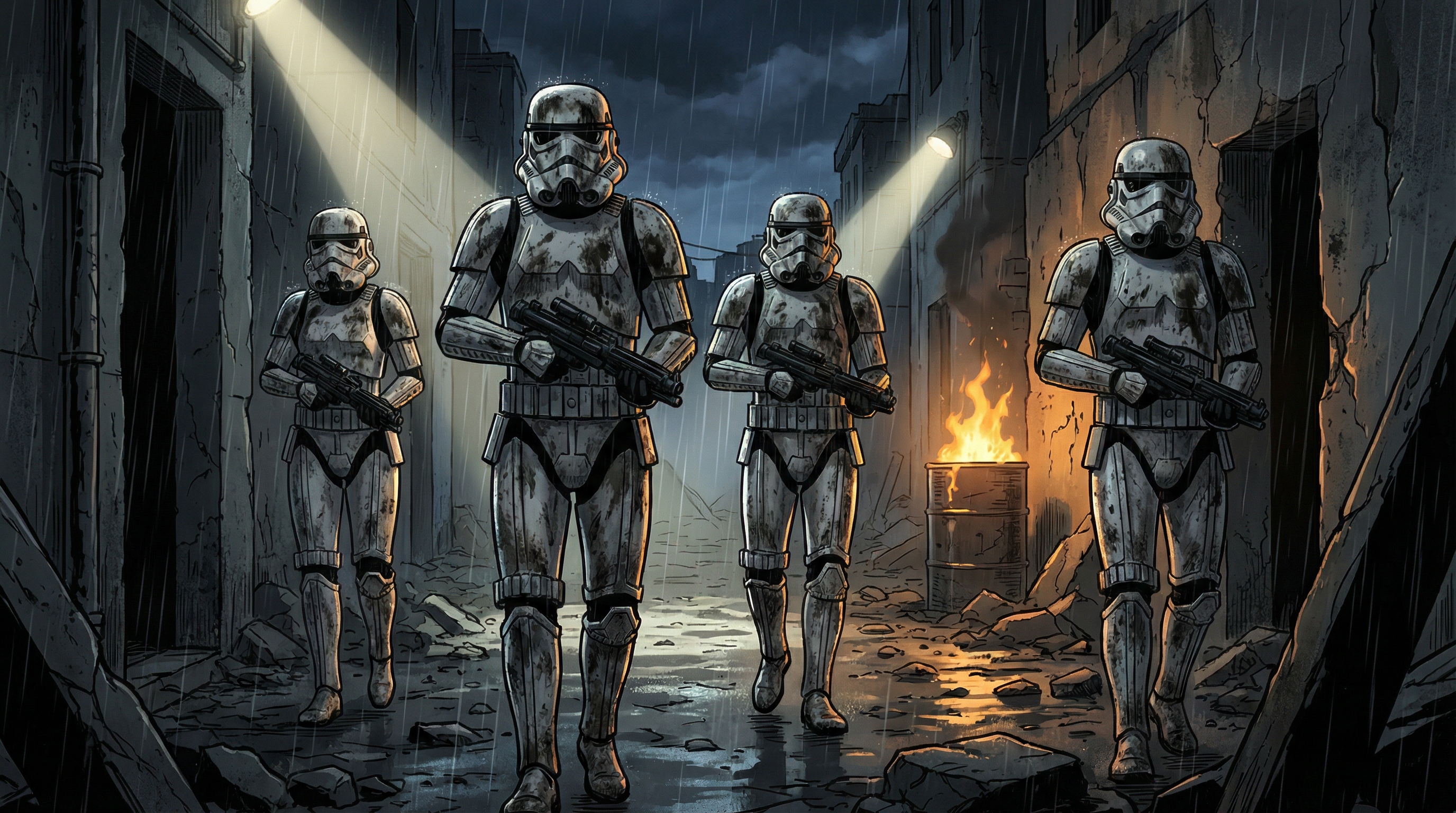 Low-light tactical sweep of a contested urban corridor. The fire-barrel in the background suggests a lack of power infrastructure, forcing the squad to rely on internal thermal visors. This is a primary example of the "quiet nod" of the peacemakers, holding a line that few civilians ever see.