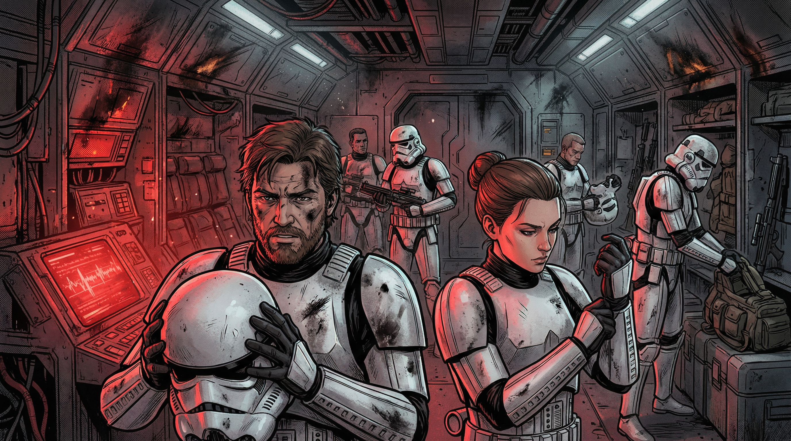 Recovered high-definition tactical feed from a Sentinel-class landing craft during its final descent into a high-conflict zone in the Lower Wards. Visual telemetry captures the squad in the final seconds of pre-engagement. The primary subjects—a veteran and a squad specialist—are recorded in the process of "locking the visors tight," transitioning from individual biological entities into the collective "Shield in the Dark." The heavy soot and atmospheric contaminants present on the plastoid armor suggest this unit is being redeployed directly from a prior engagement zone without a refurbishment cycle. This data-point correlates precisely with Verse 1 of the archive.