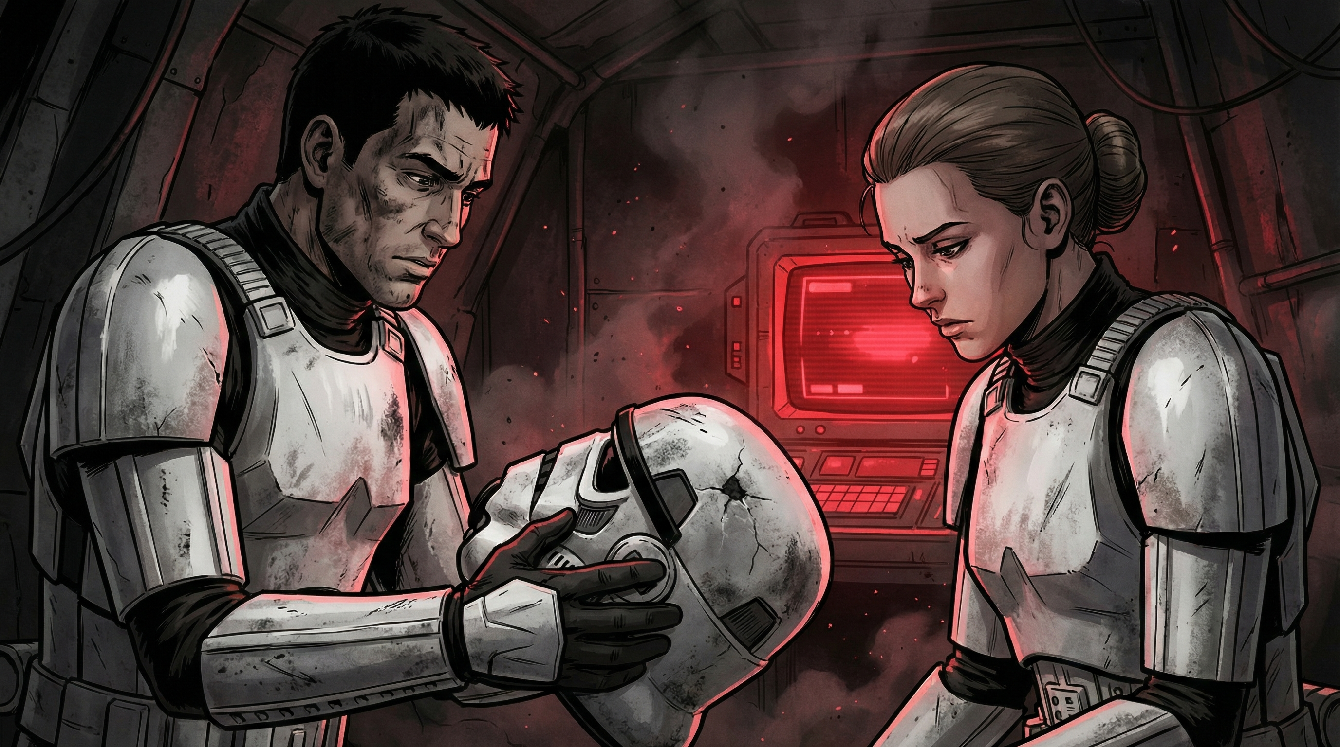 Recovered from a transport bay during a combat-drop sequence. Internal telemetry captures two troopers—identified as a veteran and a rookie—inspecting a punctured plastoid helmet. The red emergency lighting and the deep, somber focus of the subjects highlight the high attrition rates during the Lower Wards insurrection.