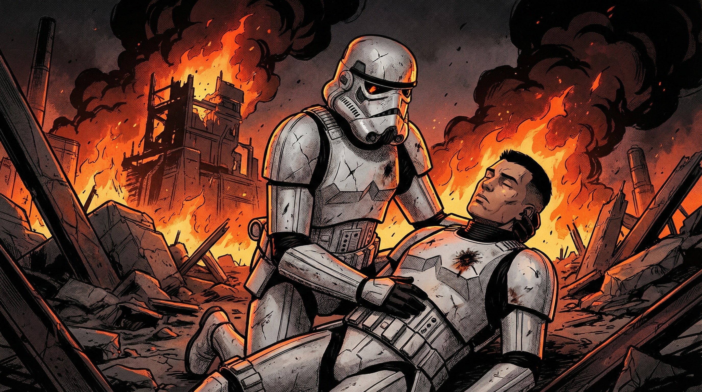High-intensity combat log. A trooper is seen cradling a fallen squadmate amidst a burning depot. The data records a total unit breakdown; the absence of the helmet on the casualty signifies a fatal breach of life-support seals. A stark documentation of the bitter burden of the front line.