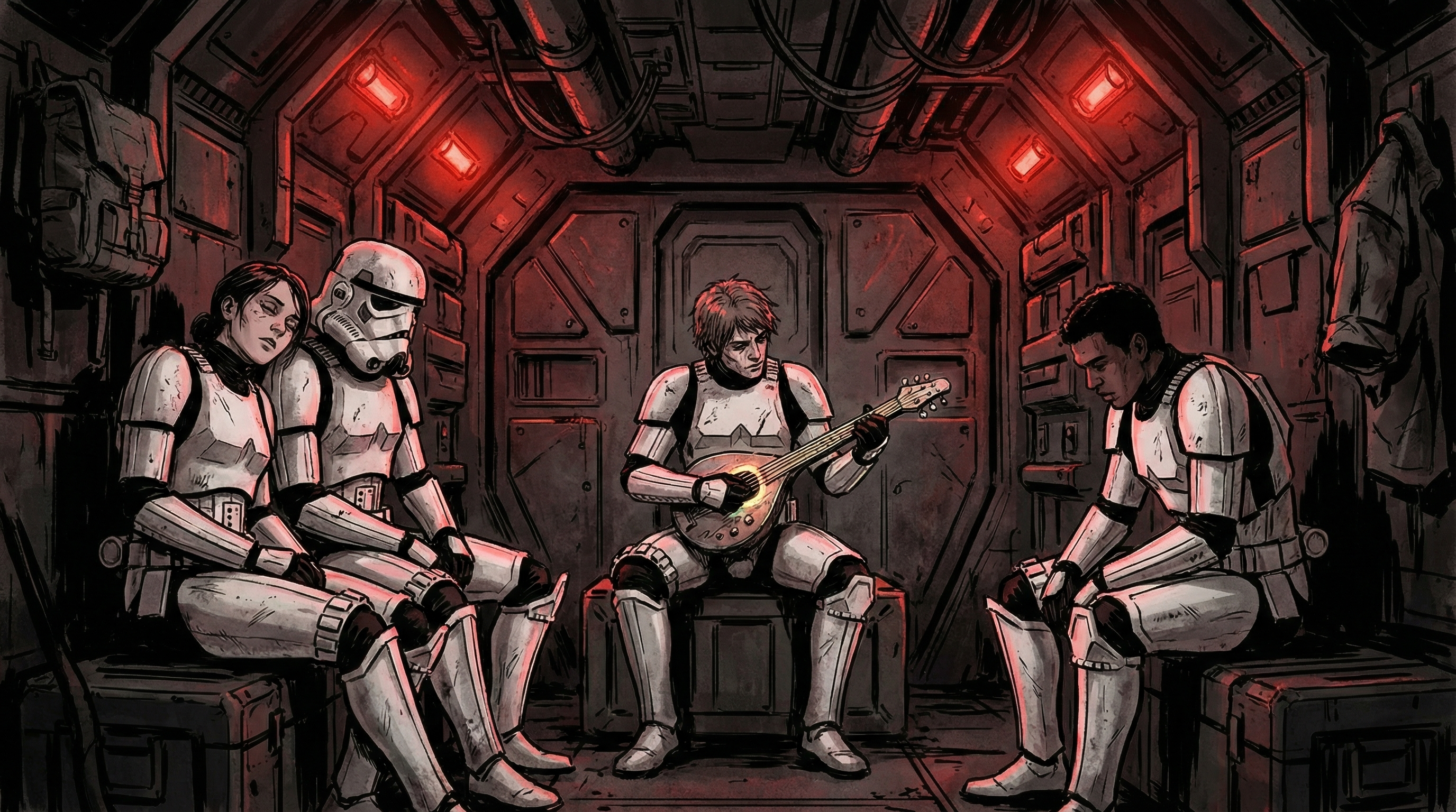 Decrypted internal transport telemetry. The visual records a squad during a long-haul transit to the Lower Wards. Red "combat-ready" lighting is active, yet the subjects exhibit signs of extreme fatigue. One trooper is documented utilizing a stringed instrument—likely a modified hallikset—to maintain unit cohesion. This aligns with audio logs describing "faces tired and drawn" and "sharing the rations" in the quiet moments before a drop.